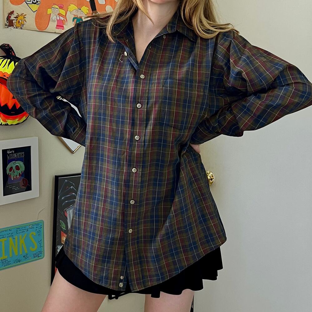 Vintage 1990s David Taylor Green Blue Burgundy Plaid Shirt Mens Large Tall